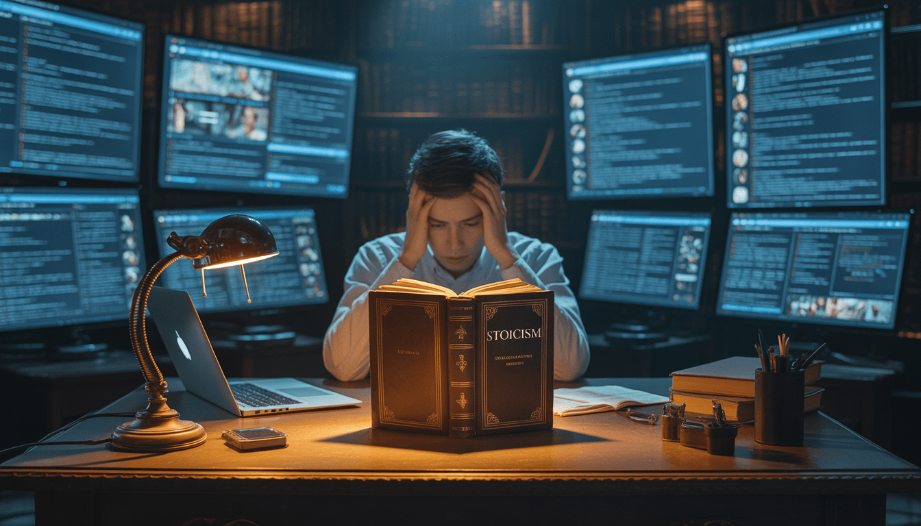 Ilustração representando a calma estoica em meio a ícones digitais e notificações