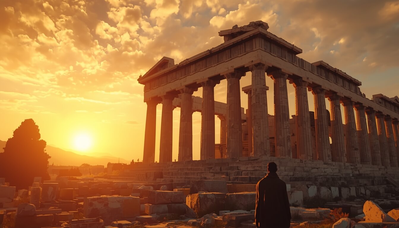 Antigas ruínas gregas ao pôr do sol, transmitindo sabedoria e história