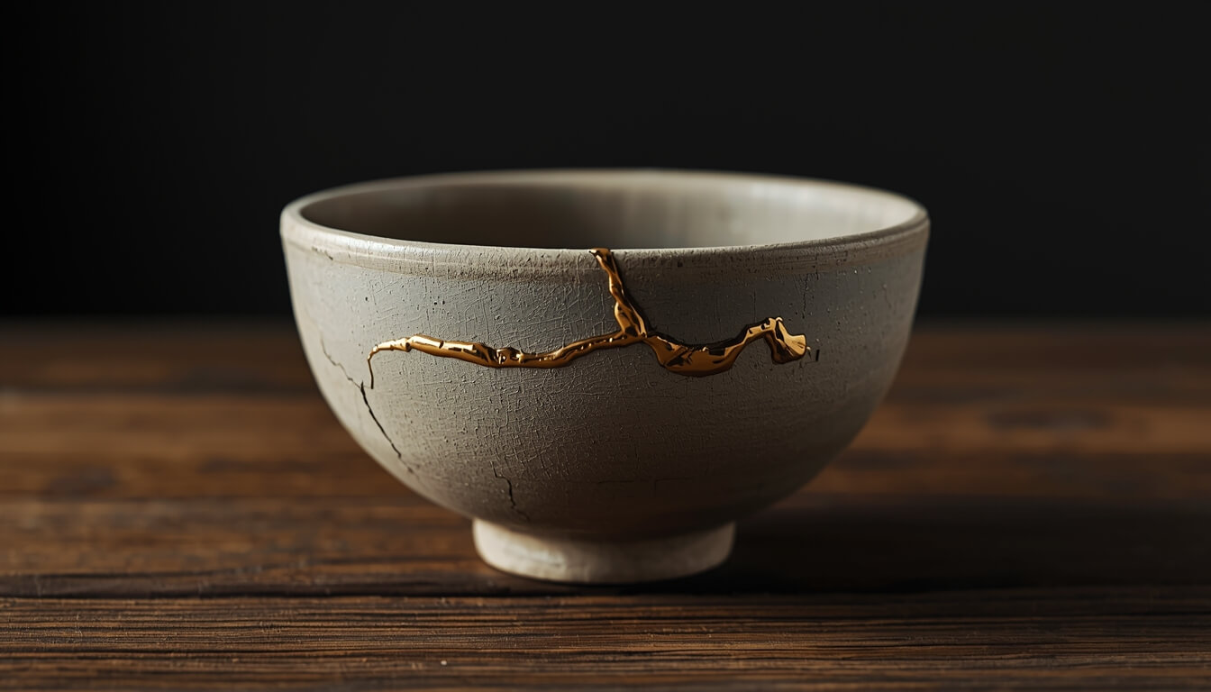 Vaso de cerâmica com rachaduras douradas estilo Kintsugi