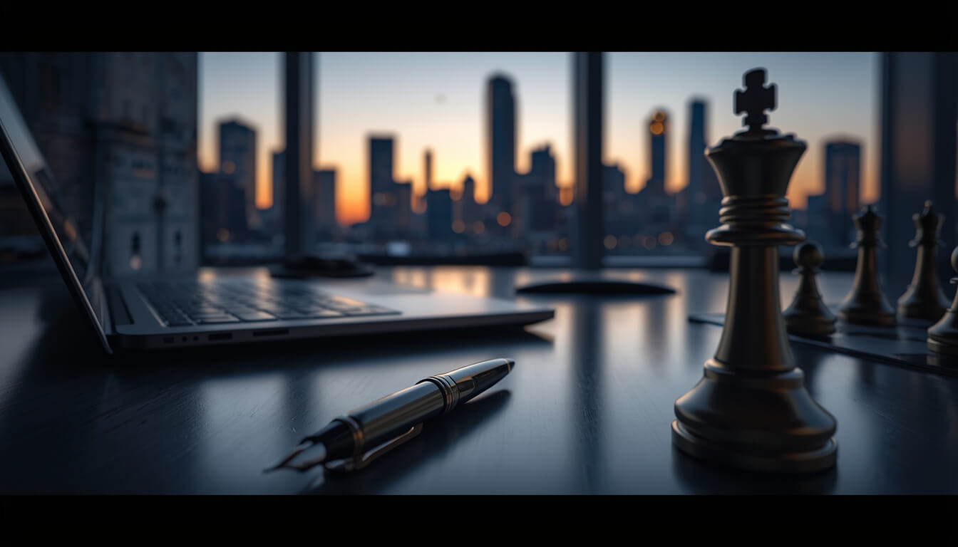 Um tabuleiro de xadrez em um ambiente de escritório moderno