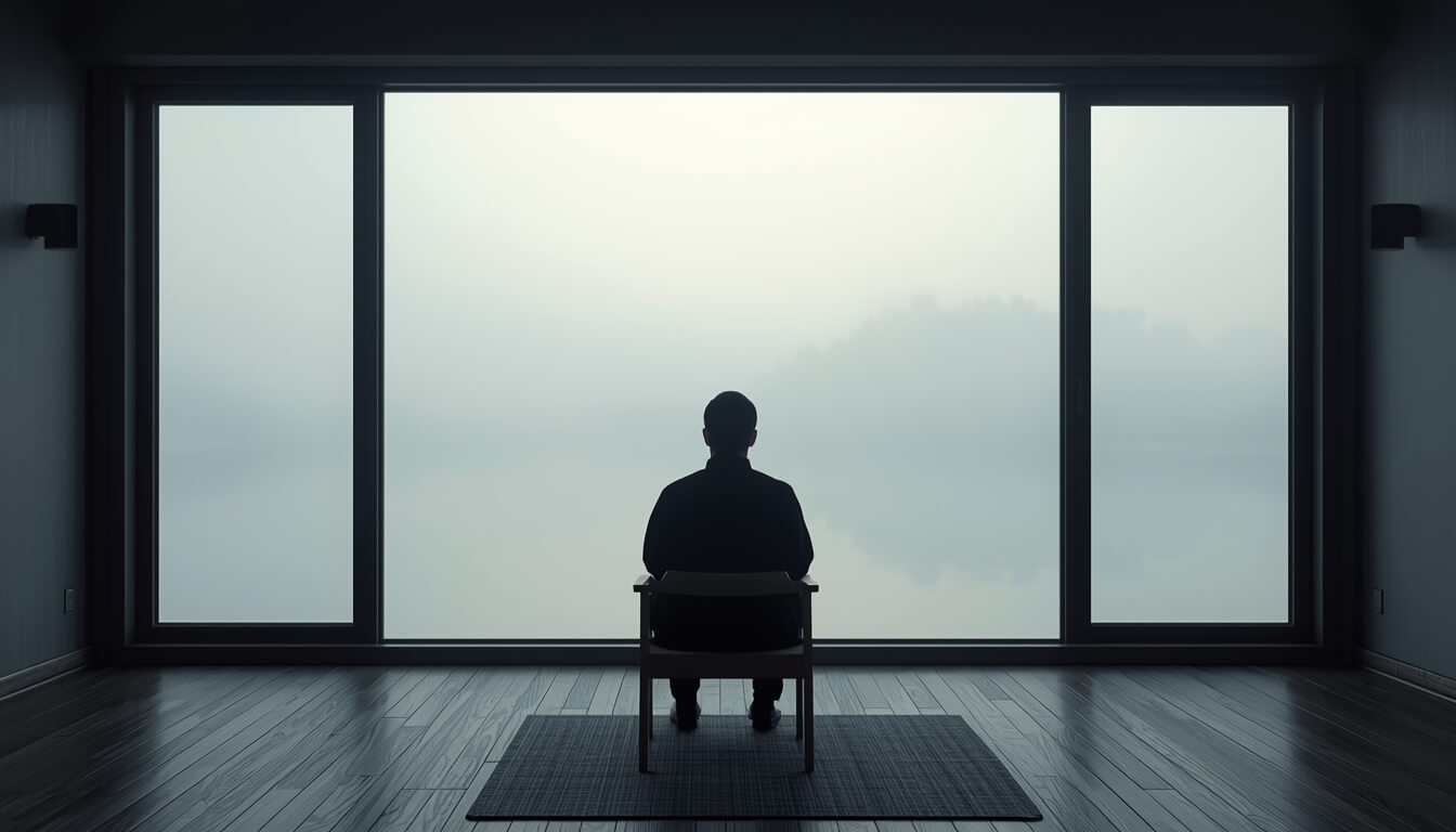 Pessoa sentada calmamente em frente a uma janela observando o horizonte
