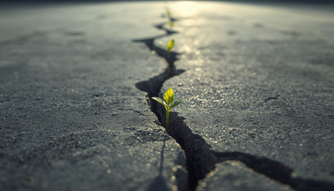 Pequena planta crescendo através do concreto representando superação e crescimento gradual