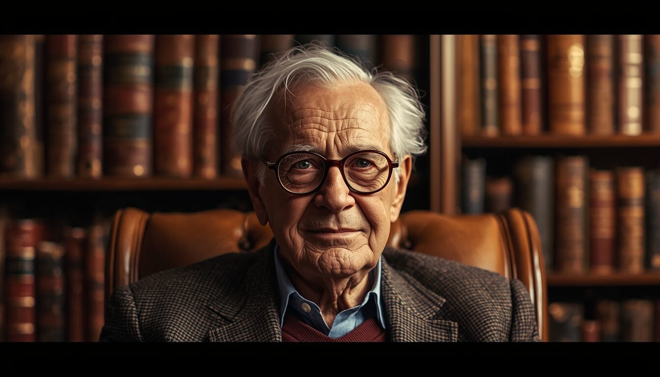 Retrato de Viktor Frankl com um fundo de biblioteca, simbolizando sabedoria e resiliência